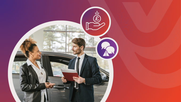 Business professional discussing car finance options with a customer, representing objection handling for car finance brokers.